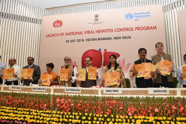 JP Nadda, Union Minister of Health and Family Welfare releasing guidelines on National Viral Hepatitis Control Program at a function. Manoj Sinha, MoS (Independent Charge), Ministry of Communication along with Ashwini Kumar Choubey and Anupriya Patel, Ministers of State for Health and Family are also seen along with other dignitaries